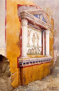 Lararium af familiealter, set in situ efter udgravning, House of Aulus Vettius, Pompeji, ca. 36-39 AD, 1895