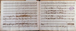 Dobbeltside, underskrevet af forfatteren af partituret til Koncert for cello og orkester i Es af Luigi Boccherini af Luigi Boccherini