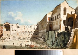 Byggeplads for nedrivning af kirken og klosteret Saint Dominica i Genova (akvarel, ca. 1825) af Luigi Garibbo