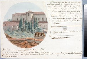 Teleskopudsigt over San Salvatore al monte kirke nær Firenze (Tegning og akvarel, ca 1833) af Luigi Garibbo