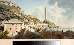 Lanterna, fyrtårnet i byen Genova (akvarel, ca 1825)