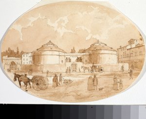 Udsigt over Porta al Prato-pladsen i Firenze (blæk og akvarel af Luigi Garibbo