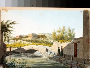 Udsigt over Villa Saluzzo Bombrini i distriktet Albaro, Genova (Tegning og akvarel, ca 1825)