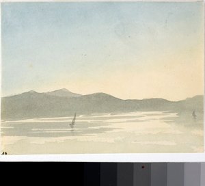 Udsigt over en sø ved daggry (Akvarel, ca. 1825) af Luigi Garibbo
