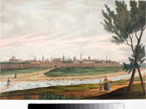 Udsigt over en befæstet by, sandsynligvis Lucca i Toscana (blæk og akvarel, ca. 1820) af Luigi Garibbo