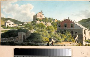Udsigt over bakken og kirken Oregina, Genova (akvarel, ca. 1825) af Luigi Garibbo
