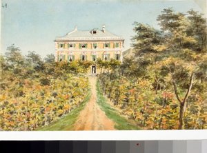Udsigt over kasinoet Lagomarsino på Rivarolo-kysten, nær Genova (akvarel, ca. 1823) af Luigi Garibbo