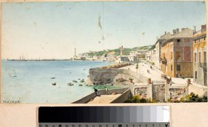 Udsigt over Genovas havn med Lanterna, byens fyrtårn, bastioner og kirken San Teodoro (Akvarel af Luigi Garibbo