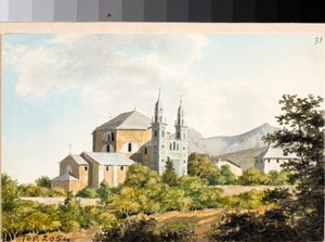 Udsigt over kirken ss Nazarius og Celsus i Arenzano, Genova (akvarel, ca 1825)