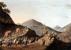 Udvandring på vejene til Balkanbjergene - i "" Udsigter i de osmanniske dominanser, i Europa, i Asien og nogle af middelhavsøerne"" fra de originale tegninger af Luigi Mayer, London