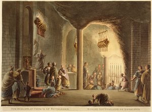Underjordisk kirke i Betlehem, fra "Views of Palestine", Vol.II, udgivet af R. Bowyer Historic Gallery, London, 1803 (farvet akvaratint) af Luigi Mayer