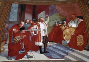 Galilee dit Galileo Galilei (1564-1642) i nærværelse af dogen. Videnskabsmanden præsenterer teleskopet ved senatet i Venedig i klokketårnet på Markuspladsen. Maleri af Luigi Sabatelli (1772-1850). Fresco. Firenze, Tribuna Galileiana