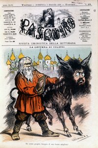 Tegneserie om Tolstoj af Luigi Sapelli Caramba (1865-1936) om det brev, Tolstoj sendte til Den Hellige Stol. Forside af Pasquino af 05/05/1901.