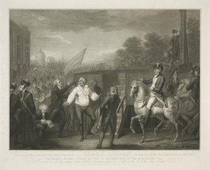 Lodewijk XVI ved det schavot Lewis den Sekstendes rolige og overbeviste opførsel ved afsked med sin skriftefader Edgeworth / øjeblikket før en periode blev sat til hans eksistens den 21. januar 1793 (titel på objekt) af Luigi Schiavonetti
