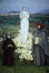 Jomfruens åbenbaring for den hellige Frans af Assisi og Bonaventure, af Luigi Serra (1846-1888). af Luigi Serra
