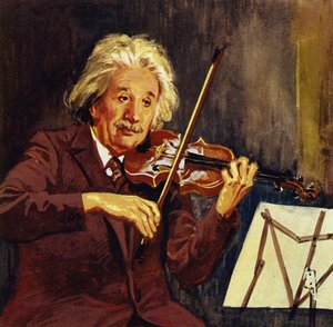 Albert Einstein spiller violin (farvelitografi) af Luis Arcas Brauner
