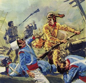 Davy Crockett faldt til sidst for de uophørlige mexicanske angreb (farvelitografi) af Luis Arcas Brauner