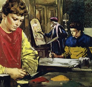 Jan og hans bror Herbert Van Eyck begyndte deres liv som lærlinge hos en lokal maler (farvelitografi). af Luis Arcas Brauner