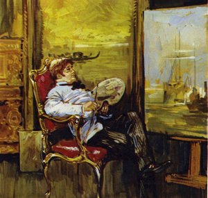 Turner sidder foran et af sine malerier (farvelitografi)