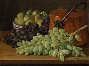 Stilleben med druer, figner og en kobberkedel, ca. 1770
