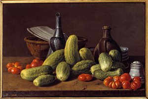 Stilleben: agurker, tomater og beholdere. Maleri af Luis Melendez (1716 - 1780)