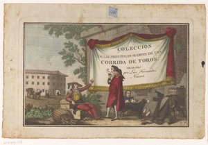 Titelprint med tyrefægtere og et tyreskind Coleccion de las principales suertes de una corrida de toros (serietitel på objekt) Samling af de vigtigste tyrefægtningsmanøvrer (serietitel)