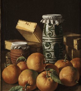 Stilleben med appelsiner, krukker og kasser med slik af Luis Egidio Melendez