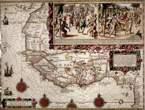 Geografisk kort over Guinee lavet af kartografen Luis Teixera (eller Teixeira), cirka 1586. Øverst til højre, repræsentation af en dansescene blandt de indfødte (afrikanere). af Luis Teixeira