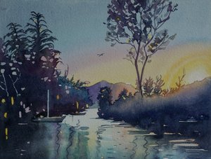 Solnedgang ved den fredfyldte flod af Luisa Millicent