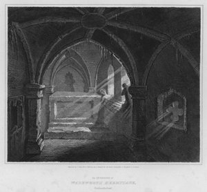Det indre af Warkworth Hermitage, Northumberland (gravering)