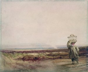 En dreng bærer en kurv på hovedet i et hedelandskab af Luke Clennell