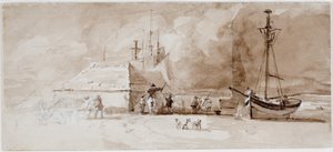 Strandscene med ryttere (blyant og akvarel på kort)