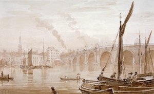 Udsigt over Blackfriars Bridge fra Surrey-kysten med både i forgrunden, London, c1825 af Luke Clennell