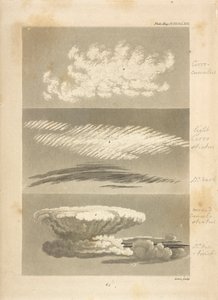 Typer af skyer som beskrevet af forfatteren:
a,a, viser karakteren af cirro-cumulus, ligesom dens udseende i det fjerne, b,b, en lys og mørk cirro-stratus; den første taget lige før begyndelsen af vådt vejr, den sidste i twil af Luke Howard