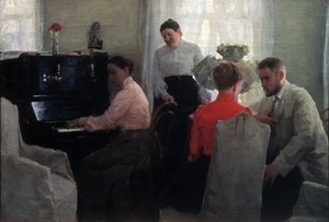 Pretendenten (en ung mand, der bejler under opsyn af to kvindelige chaperoner, hvoraf den ene spiller klaver) (Broom) - Maleri af Lukian Vasilyevich Popov (1873-1914), olie på lærred (54x80 cm) af Lukjan Vasilievich Popov