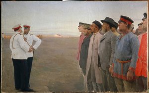Rekruttering - Maleri af Lukian Vasilyevich Popov (1873-1914), olie på lærred af Lukjan Vasilievich Popov