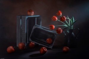 Mørkt blomster- og frugtstilleben