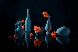 Orange blomster, blå vaser af Lydia Jacobs