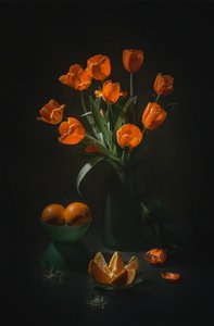 Stilleben med orange tulipaner