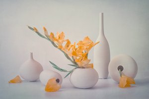 Gule blomster i hvide vaser