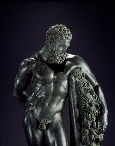 Græsk kunst: ""Herakles i hvile"" Detalje. Bronzeskulptur af Lysippe af Sicyone (395-305 f.Kr.) 4. århundrede f.Kr. Fra Ercole Curinos helligdom, Sulmona. Museo Nazionale Archeologico, Chieti Italien - Herakles (Hercules) hviler - Detalje af bronzeskulptur