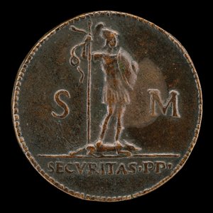 Bevæbnet figur stående på en liggende ulv [omvendt].