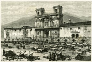 Katedralen i Quito (hovedstad i det nuværende Ecuador) og den populære underholdning på pladsen. Gravering af Clerget og Ferdinandus, for at illustrere historien "Equinoxiale America"" af M. (after) Ferdinandus