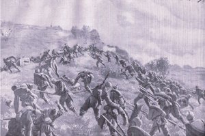Genindtagelsen af Szawle. Storming the ridge, fra The Illustrated History of the World War 1914-1915 pub. af Union Berlagsefellfchaft af M. Barascudts