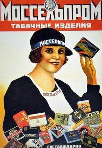Plakat, der reklamerer for Mosselproms tobaksvarer, viser stjernen i filmen The Cigarette Girl from Mosselprom, 1927
