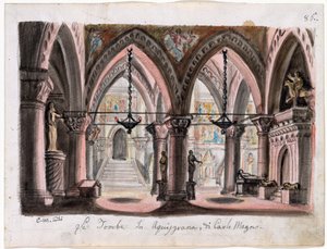 Le tombeau de Charlemagne a Aix-la-Chapelle - Scenografi til Operaen Ernani af Giuseppe Verdi - M. Conti (1810-1886). Akvarel på papir Dimension : 22x29 cm The Morgan Library & Museum, New York af M. Conti