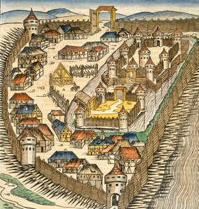 Sabatz, illustration fra "Liber Chronicle" (Nürnberg-krøniken) af Hartmann Schedel (1440-1514), udgivet af Hartmann Schedel (1440-1514). Nürnberg, 1493 (håndkoloreret stik) af M. and Pleydenwurff, W. Wolgemuth