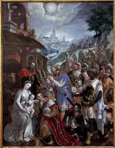 Tilbedelse af Magi. Over den hellige familie og magierne, hyrdens stjerne. Maleri af Maaerten de Vos (Martin de Vos, Marten de Vos) (1532-1603), flamsk kunst 1500-tallet. Museum of Fine Arts i Valenciennes.
