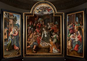Tilbedelse af Magi, Triptykon, Centralpanel, detalje, maleri på træ af Maarten de Vos