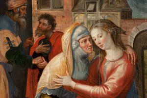 Tilbedelse af Magi, Triptykon, Venstre panel: Hellige Jomfrus liv, detaljer, maleri på træ af Maarten de Vos